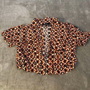 nina parker plus short blouse rayon button front crop top M205 orange red black